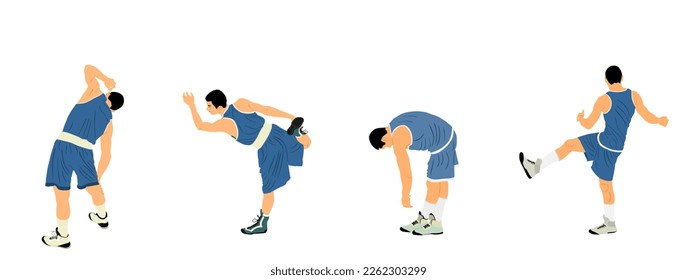 Basketball player stretching vector illustration isolated on white background. Sportsman boxer warming up before boxing game. Strain racking on court. Sport boy workout in gym. Fit man exercise. 