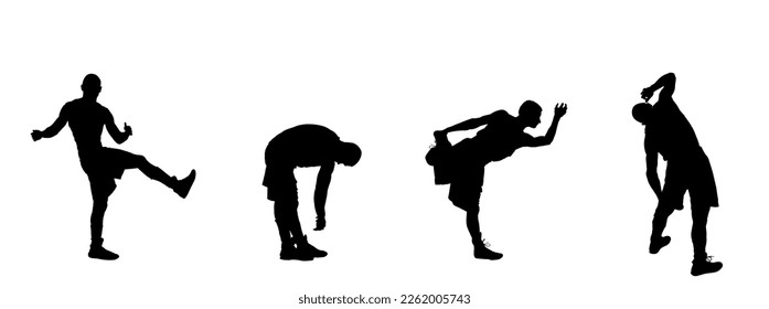 Basketball player stretching vector silhouette illustration isolated on white background. Sportsman boxer warming up, boxing game. Strain racking on court. Sport boy workout in gym. Fit man exercise. 