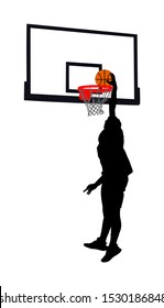 Basketball player stunt jumping and dunking silhouette isolated on white background. Basketball player making slam dunk vector illustration. Basketball hoop and board vector silhouette illustration.