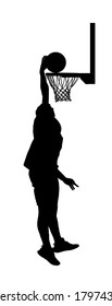 Basketball player stunt jumping and dunking silhouette isolated on white background. Basketball player making slam dunk vector illustration. Hoop and board vector silhouette illustration.