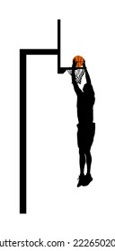 Basketball player stunt jumping and dunking vector silhouette isolated on white. Boy basketball player making slam dunk illustration. Hoop and board vector silhouette illustration. Athlete man.