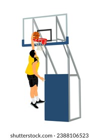 Basketball player stunt jumping and dunking vector illustration isolated on white background. Basketball player making slam dunk. Hoop and board on court illustration. Sport man attractive move.