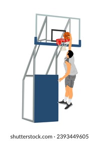 Basketball player stunt jumping and dunking vector illustration isolated on white background. Basketball player making slam dunk. Hoop and board on court illustration. Sport man attractive move.