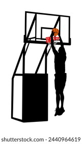 Basketball player stunt jumping and dunking vector silhouette isolated on white. Boy basketball player making slam dunk illustration. Hoop and board shape shadow. Athlete man.