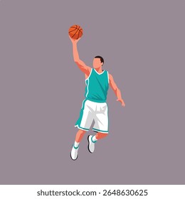 A basketball player in teal and white is depicted mid-jump shot.