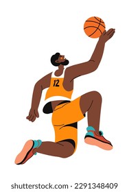 Un jugador de baloncesto lanzando una pelota, un deportista aislado con uniforme. Actividades y ocio, hobbies de cestería. Deportes profesionales o competición, evento deportivo. Vector de estilo plano