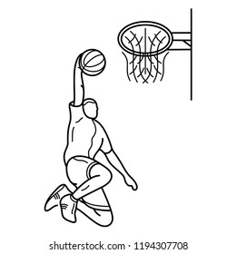 Basketball player throws the ball in the basket. Vector flat outline icon illustration isolated on white background.