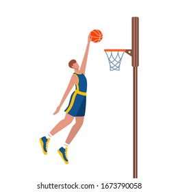 Basketball player throws the ball in the hoop. Man playing basketball. Flat vector illustration.