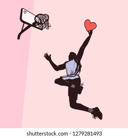Basketball player throws the ball into the shape of a heart in a basket, Valentine's day.
can be used for valentine's day greeting cards, party invitations, posters, prints and books
