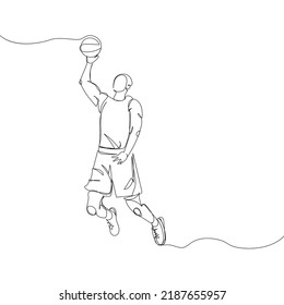 Basketball player throws the ball into the basket one line art. Continuous line drawing sports, training, championship, ball, man, stadium.