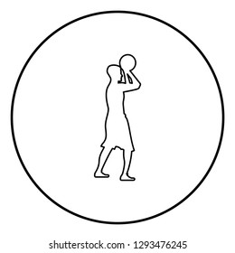 Basketball Player Throws A Basketball Man Shooting Ball Side View Icon Black Color Outline Vector Illustration Flat Style Simple Image In Circle Round