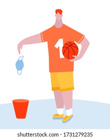 basketball player throws a mask in the trash. The end of the quarantine, the weakening of self-isolation. Basketball, ball. A tall fair-haired man. Cartoon vector illustration