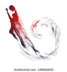 Basketball player with trail of particles. Girl jumping and catching the ball