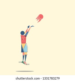 a basketball player is trying to do a Three point shoot action to score points, fly, jump with the ball