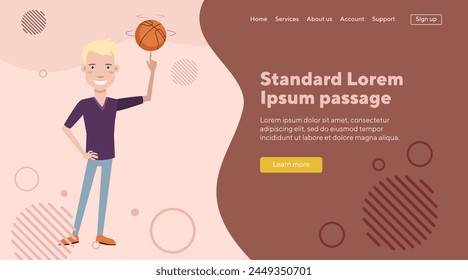 Basketball player twirling ball on his finger. Happy sportsman playing basketball. Flat vector illustration. Sport, education, game, competition, concept for web design, banner or landing page