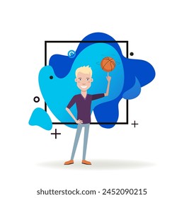 Basketball player twirling ball on his finger. Happy sportsman playing basketball. Flat vector illustration. Sport, education, game, competition, concept for web design, banner or landing page