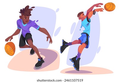 Basketball player in uniform dribbling and throwing ball while jumping. Cartoon vector illustration set of young man players during training or competition game. Playing professional sports team.