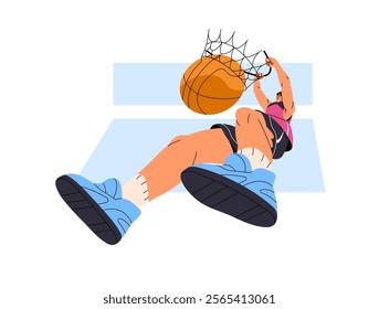 Basketball player in uniform hops, goals and hanging on hoop in sports match. Professional sportsman plays, jumps and throws ball into basket. Flat isolated vector illustration on white background