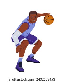 Basketball player in uniform. Male athlete or sportsman wearing basketball jersey. Character in defense or offense dribbles ball. Cartoon flat vector illustration isolated on white background