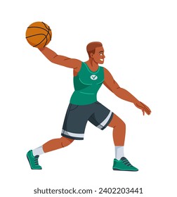 Basketball player in uniform. Smiling male athlete in sportswear play defense and dribbles ball. Sports game, competition or championship. Cartoon flat vector illustration isolated on white background
