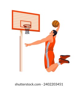 Basketball player in uniform. Strong male athlete or sportsman in basketball jersey throws ball into basket and makes dunk. Sport game. Cartoon flat vector illustration isolated on white background