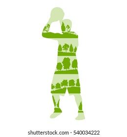 Basketball player vector background concept made of forest trees fragments isolated on white