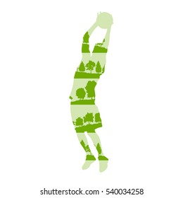 Basketball player vector background concept made of forest trees fragments isolated on white