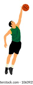Basketball player vector illustration isolated on white background. Block or dunk situation. Basket ball boy with ball in jump dunking. Athlete male game winner. Sport man pose.