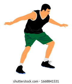 Basketball player vector illustration isolated on white background. Fight for the ball. defense and attack positions in street basket sport. Sportsman pose against opponent. Tall boy on court.