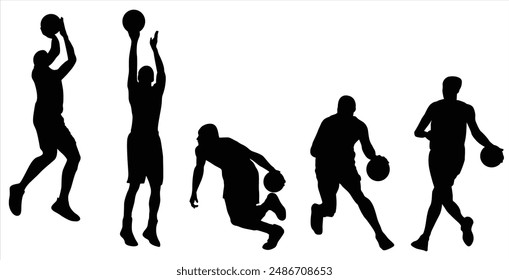 Basketball Player Vector Illustration Set, Black and White Silhouettes. Collection of Different Basketball Player Poses, Perfect for Logos, Designs, and More.