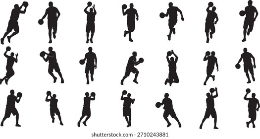basketball player vector silhouette icon set showing dynamic sports action poses in clean minimal black illustration style set of basketball players silhouettes