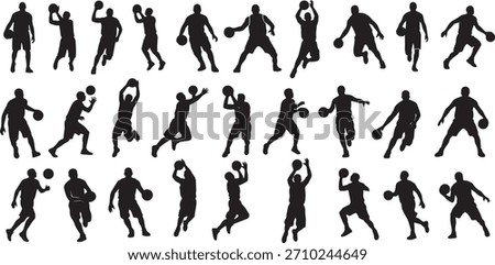  basketball player vector silhouette icon set showing dynamic sports action poses in clean minimal black illustration style set of basketball player silhouettes