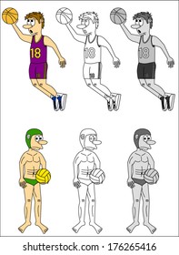 Basketball player and water polo player. Two sportsman. Sportsman. Players. Caricature, for kids, Funny drawing. Isolated on white background. Vector image, eps10. Outline, grayscale and colorful 