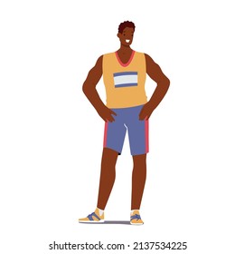 Basketball Player Wear Uniform, African Male Character Competition Participant Posing. Sportsman with Dark Skin Stand with Arm Akimbo Isolated on White Background. Cartoon People Vector Illustration