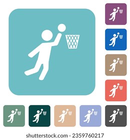 Basketball player white flat icons on color rounded square backgrounds
