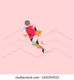 a basketball player who is dribbling the ball to open space, abstract, colorful, Running with the ball