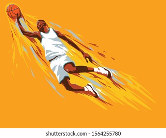 Basketball player who throws the ball in a jump on paint splashes background