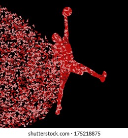 Basketball player winner vector background concept isolated on black made of triangular fragments explosion