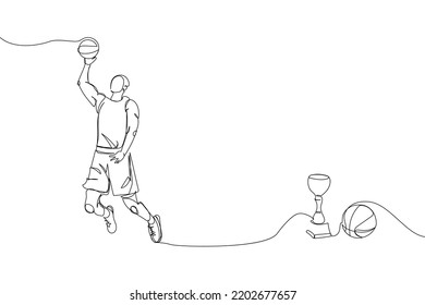 Basketball player with winners goblet and ball one line art. Continuous line drawing sports, training, championship, win, winner, trophy, ball, man, stadium.