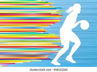 Basketball player woman silhouette vector abstract background illustration with colorful stripes