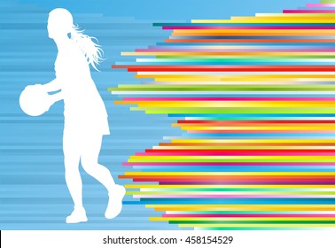 Basketball player woman silhouette vector abstract background illustration with colorful stripes
