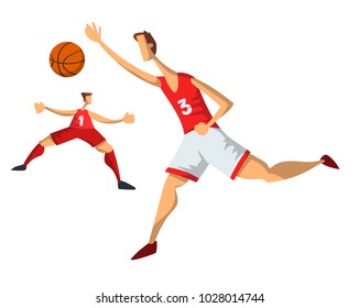 Basketball players in abstract flat style. Men playing with a basketball ball. Vector illustration, isolated on white background.