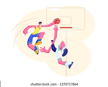 Basketball Players in Action. Attack Man Putting Ball into Basket, Defender Preventing. Sport Team Presenting on Professional Tournament. Sportsman Score Goal in Game. Cartoon Flat Vector Illustration