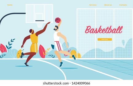 Basketball Players in Action. Attack Man Putting Ball into Basket, Defender Preventing. Sport Team on Professional Tournament. Sportsman Score Goal in Game. Cartoon Flat Vector Illustration, Banner