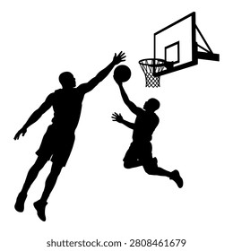 Basketball players in action attacking and defending during game dynamic sport illustration.