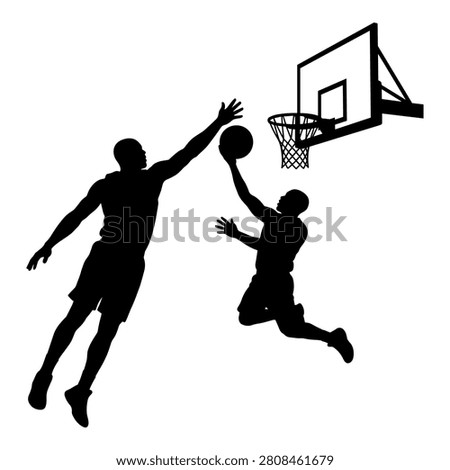Basketball players in action attacking and defending during game dynamic sport illustration.