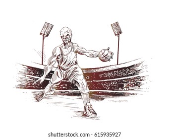 Basketball Players In Action On Stadium, Background, Hand Drawn Sketch Vector Illustration.