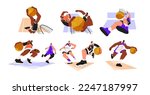 Basketball players in action set. Athletes playing sport game, throwing ball to basket net, dribbling, running, jumping. Diverse men training. Flat vector illustrations isolated on white background