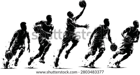 Basketball Players Action Silhouette Collection Dynamic Dribbling Running and Layup Athletes Sports Illustration Isolated on White Background