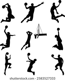 basketball players action silhouettes set